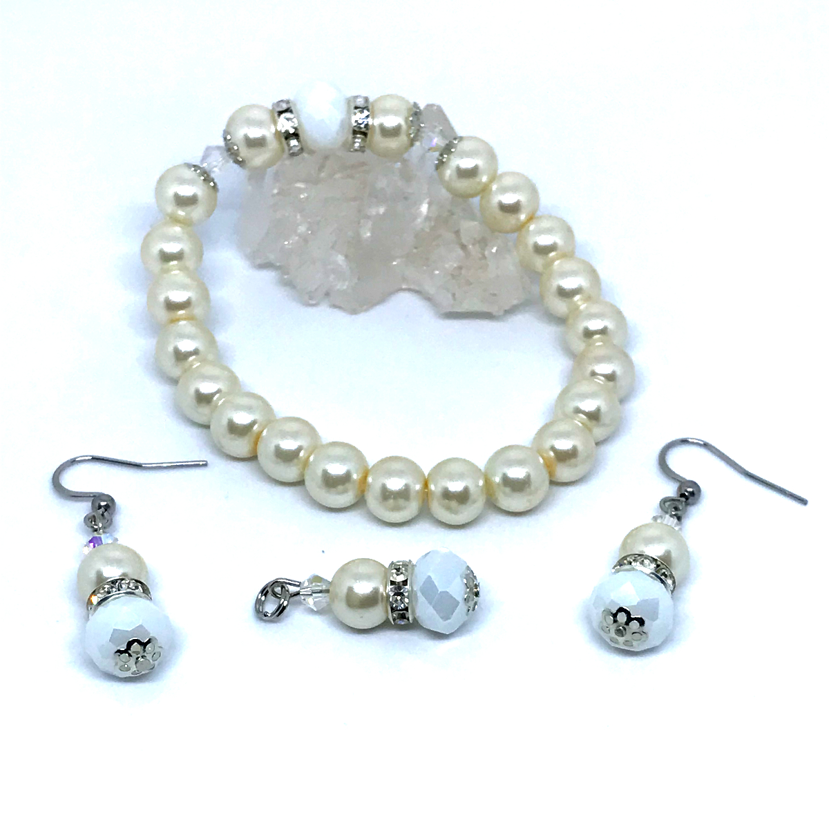 Conjunto Brilho Elegancia Classica Perolas de vidro,Cristal e Inox