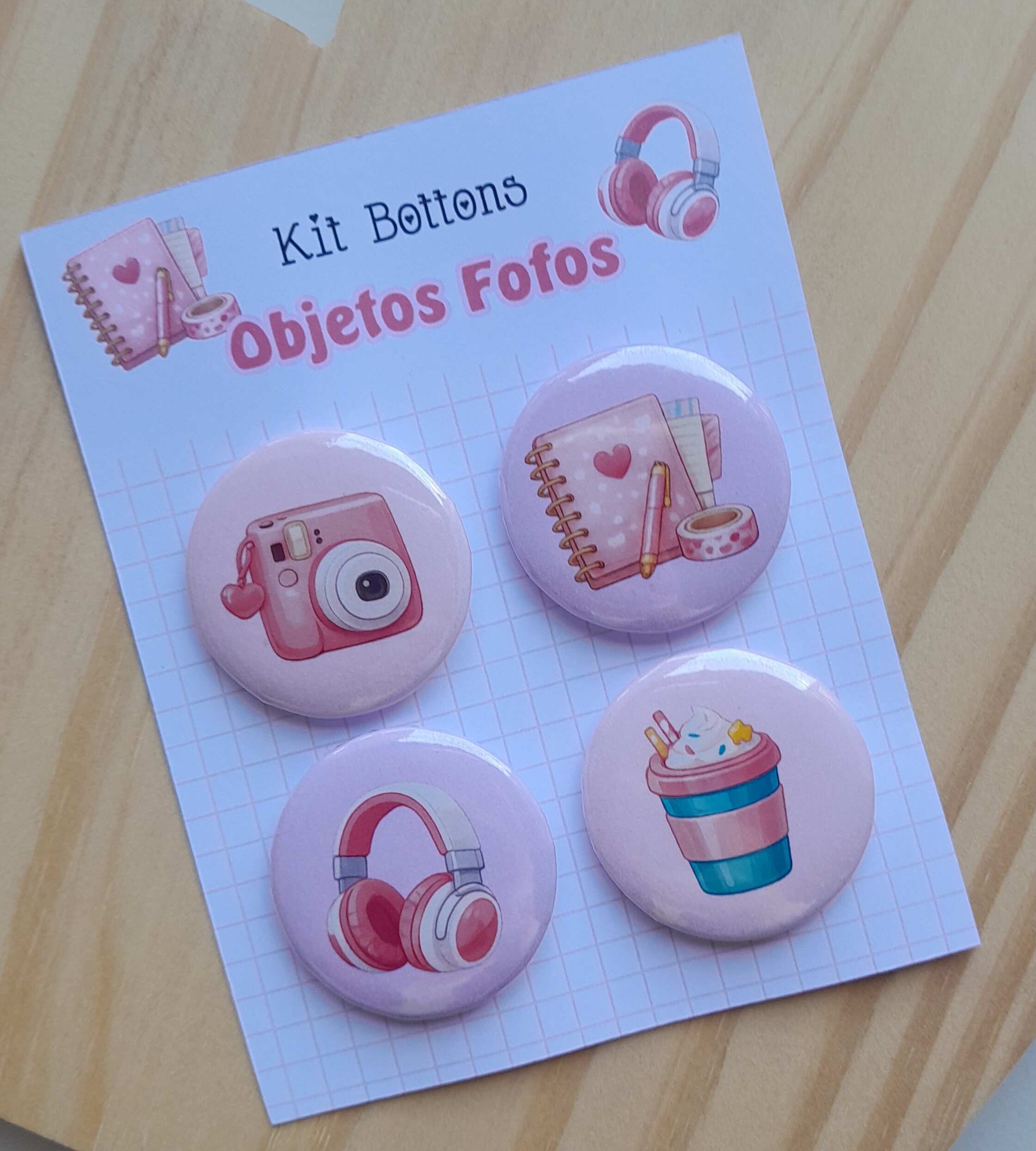 Cartela c/ 04 Bottons Tema Objetos Fofos 1