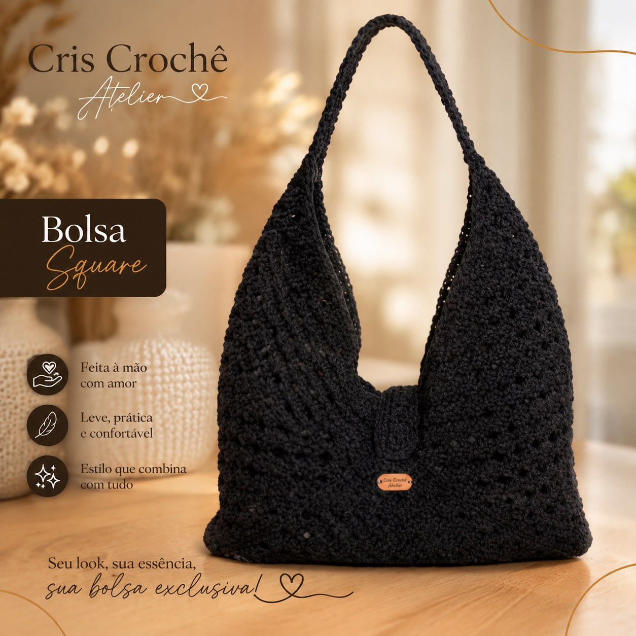 Bolsa em barbante de crochê preta