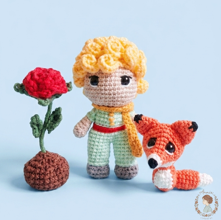 Boneco de Crochê Pequeno Príncipe, Rosa & Raposa em Amigurumi