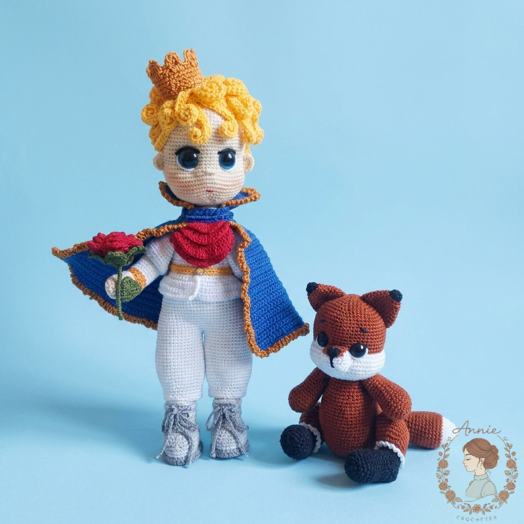 Boneco de Crochê Pequeno Príncipe, Raposa e Rosa em Amigurumi