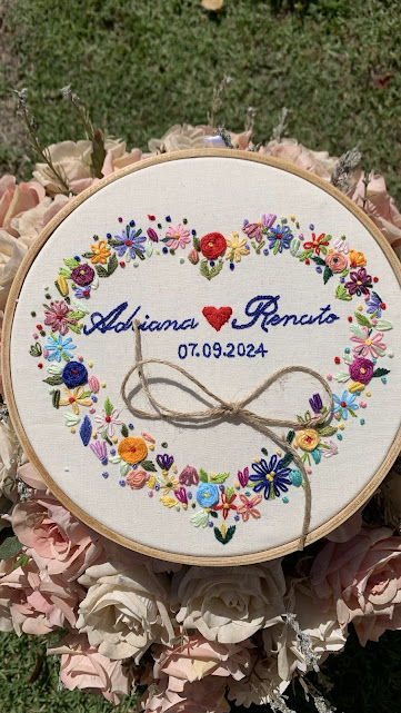 Porta Alianças de Casamento Rústico - bordado em bastidor mod.1