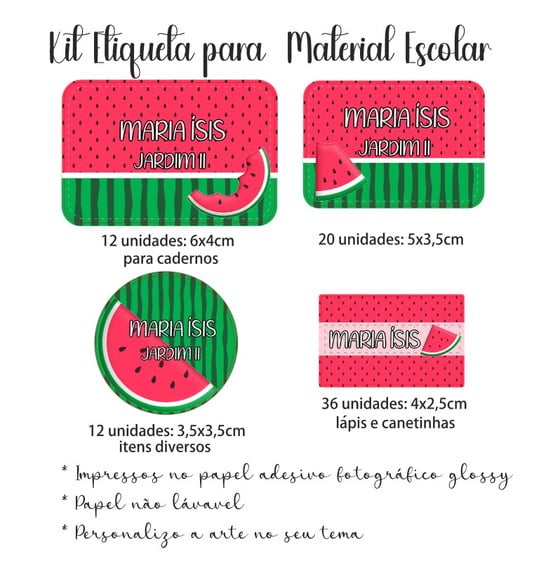 Kit Etiqueta Adesiva para Material Escolar Tema Melancia