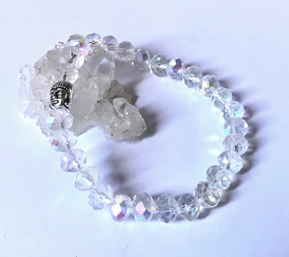 Pulseira Japamala com Cristais Ab e Buda Prateado