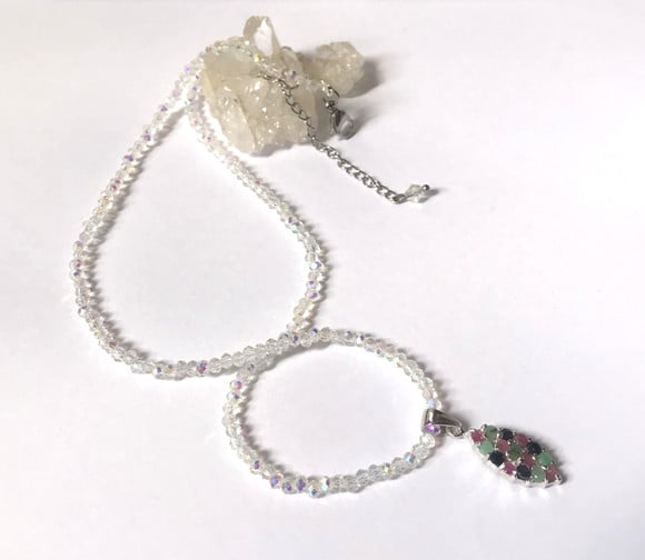 Choker Cristal Ab 2 mm e Pingente Oval com Multi Gemas
