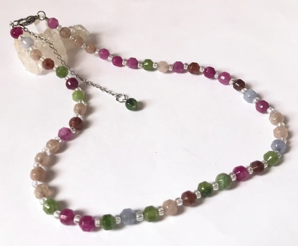 Choker Colar Jade Multi Colorida Facetadas e Inox