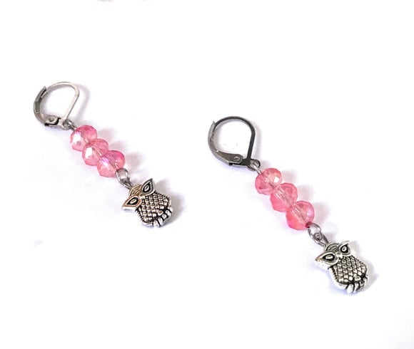 Brinco em Inox Cristal Rosa Facetado e Coruja