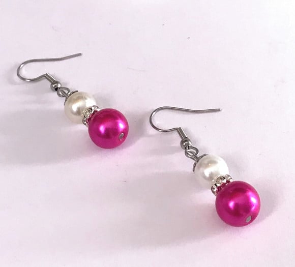Brinco Pérola Branca e Pink com Cristale Gancho Aço Inox
