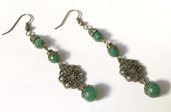 Brinco Jade Verde Esmeralda Facetada com Gancho Ouro Velho