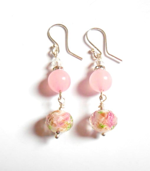 Brinco Quartzo Rosa , Cristais e Prata 925