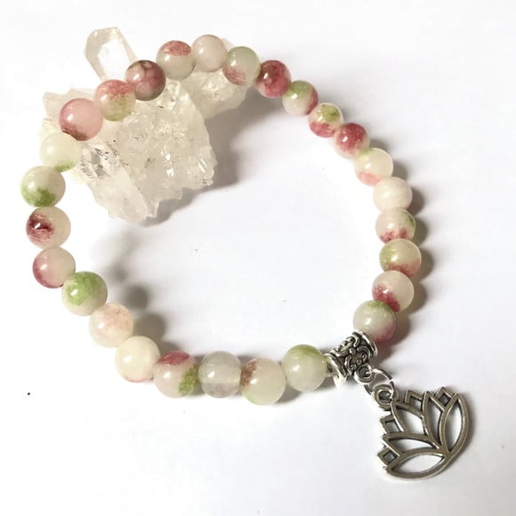 Pulseira Japamala 27 Contas Jade Colorida Flor Lotus