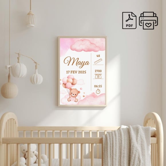 Quadro de Nascimento Personalizado Maya Ursinha Balão - Arquivo Digital