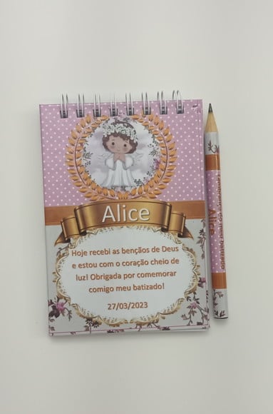 Bloquinho e Mini Lápis Lembrança Batizado Alice