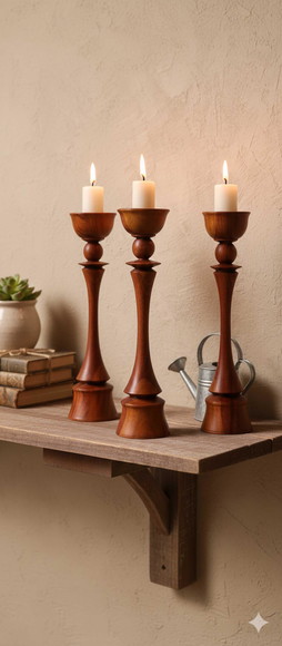 Trio de Castiçais Torneados em Madeira - 31 cm