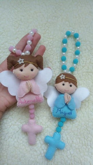 Lembrancinha de Batizado com Terço e Anjinho de Feltro para Batismo e Primeira Comunhão personalizado