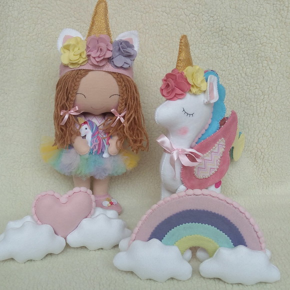 Kit decoração de aniversário infantil boneca, unicórnio, Arco-Íris, Coração em feltro